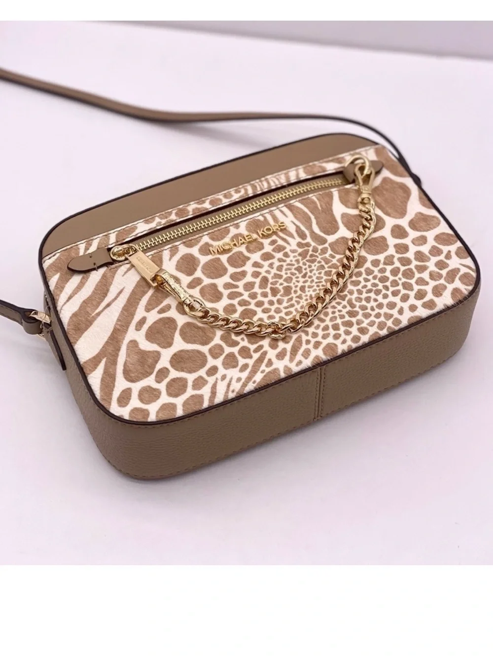 Michael Kors Large EW Zip Chain Crossbody Bag Camel color with real calf